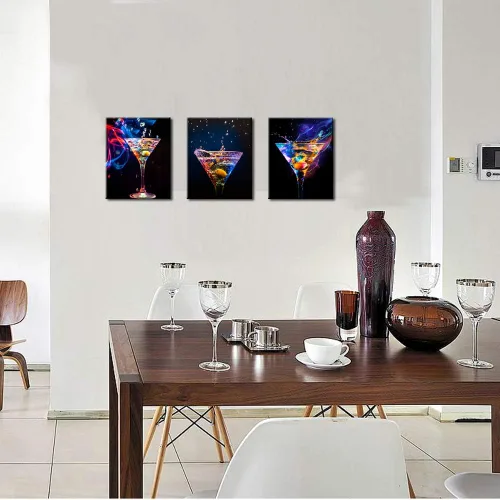 Vista 5 de Biuteawal - 3 piezas de arte de pared colorido vino espumoso, pintura sobre lienzo, bebidas de vino, impresión artística para decoración de fiestas