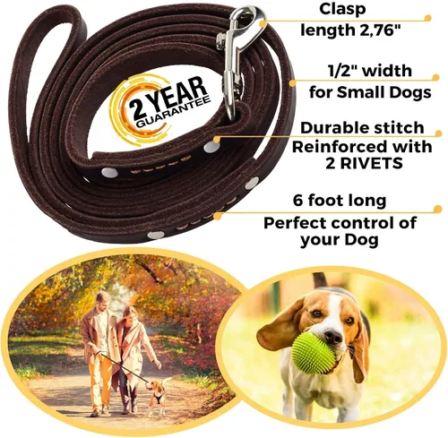 Vista 2 de Juego de collar y correa de cuero para perro, correa de cuero para perro de 6 pies x 1/2 pulgadas y collar de perro resistente para cachorros