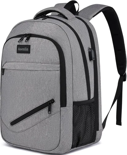 Vista 9 de Mochila Asenlin para portátil de viaje para mujeres y hombres, mochila resistente al agua para negocios, delgada y resistente, con puerto USB