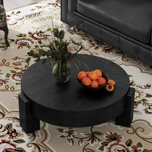 Vista 10 de Mesa de centro redonda de madera de 31.49 pulgadas con almacenamiento, mesa de centro circular acanalada de 2 niveles con tapa y estante para sala