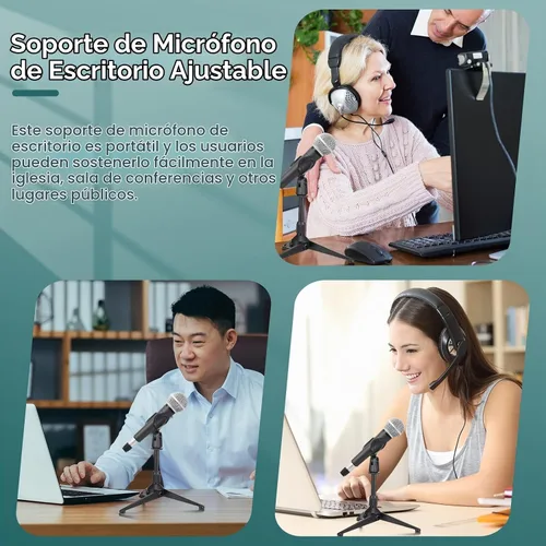 Vista 7 de Paquete de 3 soportes de micrófono de escritorio portátil plegable con soporte de clip para micrófono, altura ajustable, soporte de micrófono