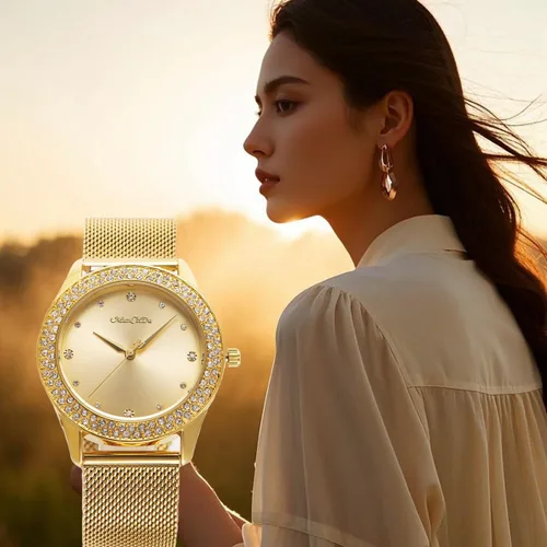 Vista 2 de ManChDa Reloj de pulsera para mujer, caja de cristal, malla de acero inoxidable, reloj analógico de cuarzo con diamantes, clásico, a la moda