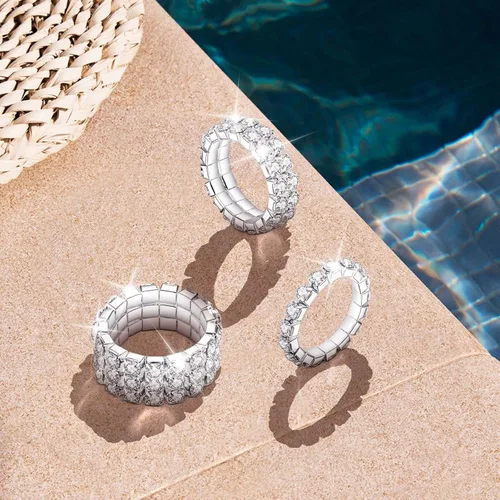 Vista 3 de Kucheed 3 anillos elásticos de diamantes de imitación, juego de anillos apilables de cristal de moda, joyería para el cuerpo, anillo elástico