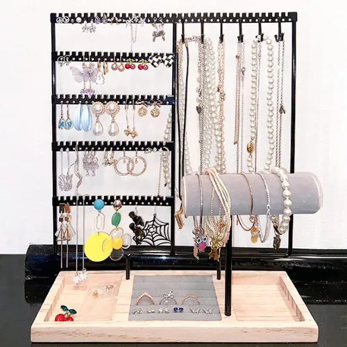 Vista 5 de HINIHAO Soporte para aretes, organizador de joyas, soporte para collares, estante de torre de joyería de 5 niveles, 108 agujeros, 12 ganchos