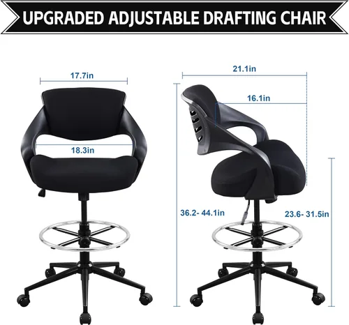 Vista 2 de Silla de dibujo ergonómica,Silla de escritorio de computadora de pie,Anillo de pie, Soporte lumbar,Silla giratoria para tareas,Negro