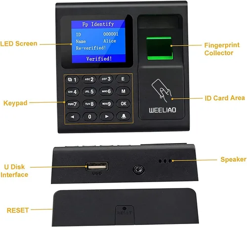 Vista 4 de WEELIAO Máquina de asistencia de tiempo, huella dactilar, contraseña, reloj de tiempo para empleados con escaneo de dedos, RFID y perforación de PIN