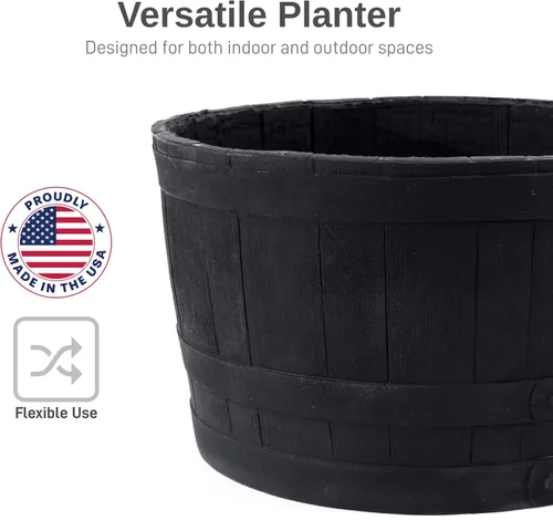 Vista 3 de RTS Companies Home Accents - Maceta de barril de whisky de 24 pulgadas, maceta de polietileno duradero para interiores y exteriores, maceta de Negro