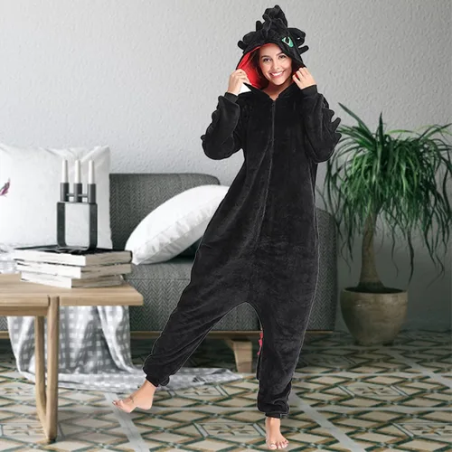 Vista 7 de Pijama sin dientes, disfraz de franela de tren de dragón de Navidad, disfraz de invierno de felpa, pijamas para cosplay, para familia, mujeres