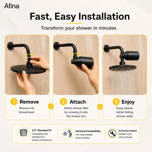 Vista 7 de Filtro de ducha Afina para agua dura - Elimina el 99% del cloro, sustancias nocivas y metales pesados - Mejora tu piel y cabello (Negro) Reduce