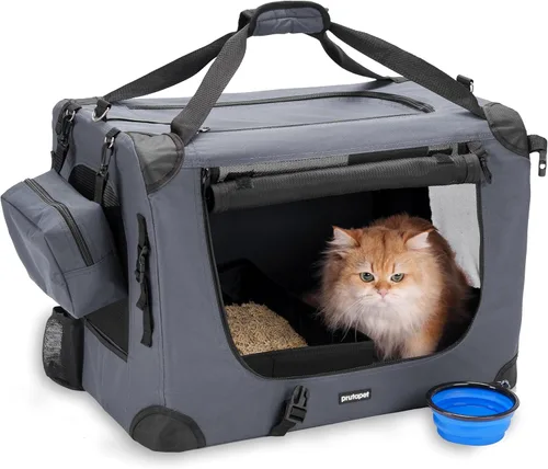Vista 9 de Prutapet Transportador grande para gatos de 24 x 16.5 x 16.5 pulgadas, jaula portátil para perros pequeños y medianos, plegable, con cuenco plegable