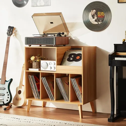 Vista 17 de LELELINKY Soporte grande para tocadiscos, soporte giratorio con almacenamiento, soporte para discos de vinilo con área de visualización, mesa