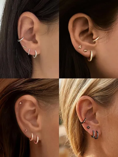 Vista 7 de Aretes de aro chapados en oro de 14 quilates para mujer, aretes de Dorado