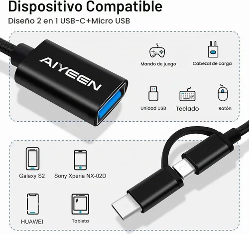 Vista 2 de Adaptador USB-C/Micro a USB, USB 3.0 2 en 1, cable adaptador OTG, compatible con MacBook Pro, Android, Google, Samsung y más, negro