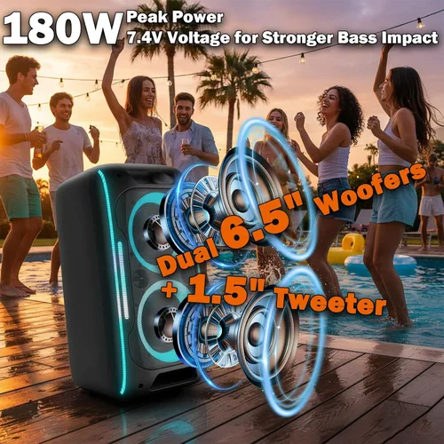 Vista 3 de Altavoz Bluetooth para fiestas, potente sonido estéreo de 180 W, graves profundos, altavoz inalámbrico portátil con modos de sonido EQ, luces LED