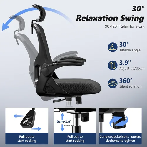 Vista 4 de Silla de oficina ergonómica, silla de escritorio de respaldo alto con brazos abatibles, silla de computadora de malla de 300 libras