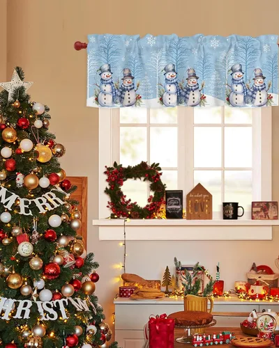 Vista 55 de Cenefa de cortina con lazo rojo de Navidad para ventanas, sala de estar, cocina, baño, granja, bolas de Navidad de acuarela con diseño de bayas