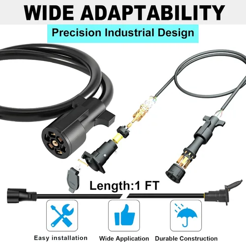Vista 4 de Cable de extensión de 7 vías para remolque, 1 pie, cable de extensión de 7 vías para remolque, arnés de cableado de 7 puntas, cable de conector