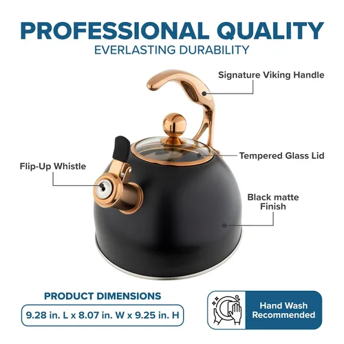 Vista 6 de Tetera de acero inoxidable Viking de 3 capas, 2.6 cuartos de galón para estufa con tapa de vidrio templado, mango ergonómico, lista para inducción