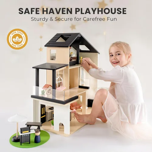 Vista 7 de Tiny Land Casa de muñecas, casa de muñecas familiar moderna con diseño realista, casa de muñecas de madera con muebles de 53 piezas, regalo ideal