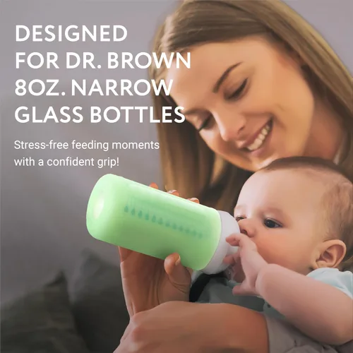 Vista 2 de Impresa Fundas de silicona para biberones de bebé, compatibles con botellas de vidrio de cuello estrecho Dr. Brown, paquete de 3, multicolor de 8