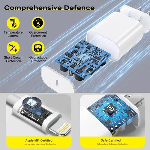 Vista 5 de Cargador rápido para iPhone, cable de carga de teléfono, paquete de 3 cargadores de iPhone de carga rápida de 6 pies, adaptador de carga USB C de 6