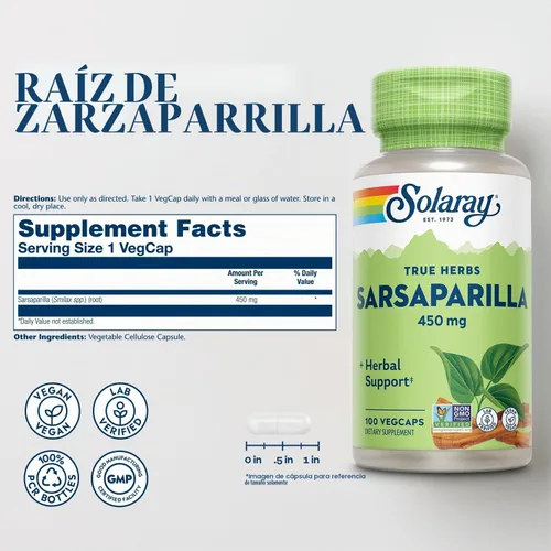 Vista 2 de SOLARAY Suplemento de raíz de sarzaparrilla 450 mg, 100 cápsulas vegetales