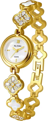 Vista 8 de BESTKANG Relojes de Lujo para Dama con Cadena de Pulsera Hueca de Cuatro Hojas de Hierba, Impermeable, Reloj de Cuarzo de Moda y Vestido Dorado