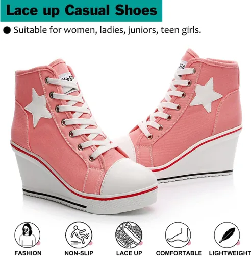 Vista 4 de Mei MACLEOD Zapatos de lona de moda con tacón de cuña, zapatos casuales con cordones para mujer, zapatos de tacón alto de 3 pulgadas