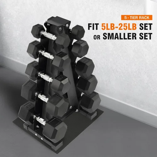 Vista 6 de Fitvids Rubber Coated Hex Dumbbell Weight Set and Storage Rack, 100LB Set or 150LB Set, 5-20 lbs Pairs or 5-25 lbs Pairs