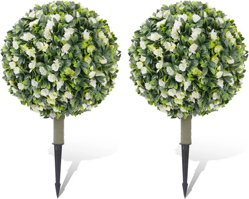 Vista 12 de Juego de 2 arbustos artificiales de boj de Navidad, plantas artificiales de exterior resistentes a los rayos UV de 20 pulgadas con picos de tierra 2