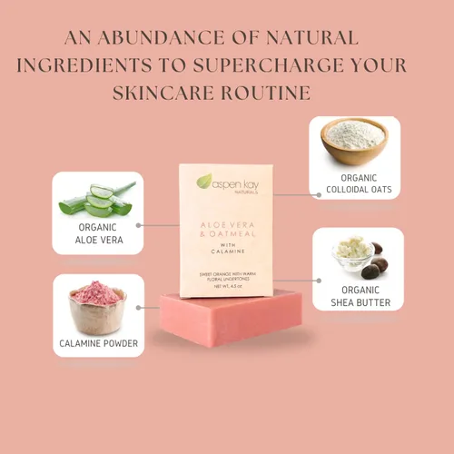 Vista 4 de Aspen Kay Naturals Barra de jabón de aloe vera y avena con calamina, ingredientes naturales y orgánicos, aloe vera orgánico y avena coloidal. Cara