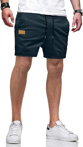 Vista 19 de JMIERR Pantalones cortos casuales de algodón con cordón de verano para la playa de sarga elástica chino golf corto con bolsillos Beige