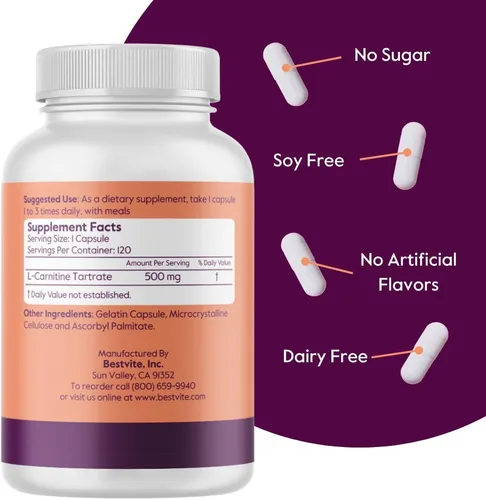 Vista 3 de BESTVITE Tartrato de L-carnitina 500 mg por cápsula (120 cápsulas) - Sin estearatos - Sin OMG - Sin gluten - Apoya la salud del corazón