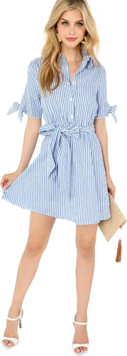 Vista 5 de Romwe Vestido camisero corto a rayas de verano para mujer con cinturón con botones al cuello