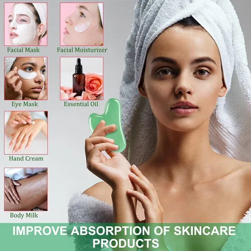 Vista 6 de esur Jade Gua Sha Juego de herramientas faciales, paquete de 2 herramientas Guasha para masajeador facial, raspador facial de piedra de jade natural