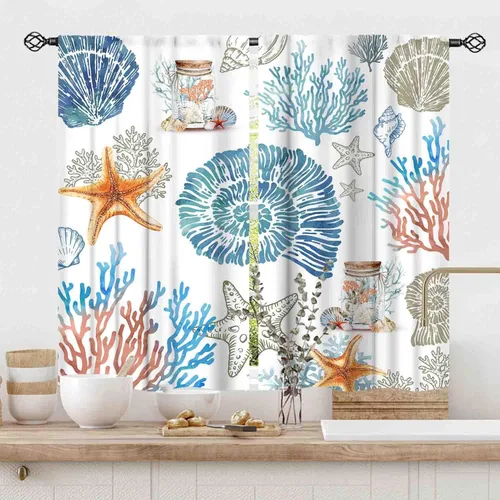 Vista 23 de Cortinas costeras, temática de playa de verano, acuarela, medusas náuticas, estrellas de mar, concha, caballito de mar, azul, opacas, cortinas