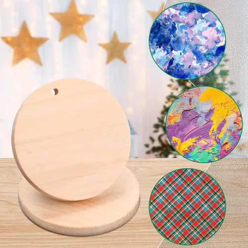 Vista 4 de 50 piezas de 2 pulgadas de madera natural sin terminar círculos de madera redondos planos con agujero para colgar para bricolaje, discos de madera