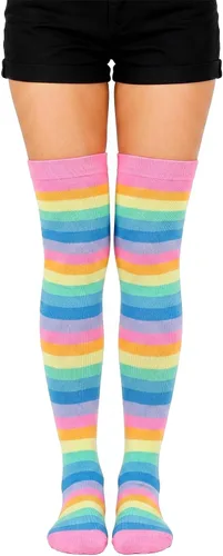 Vista 29 de Calcetines altos para mujer, calcetines altos a rayas hasta el muslo Bandera estadounidense