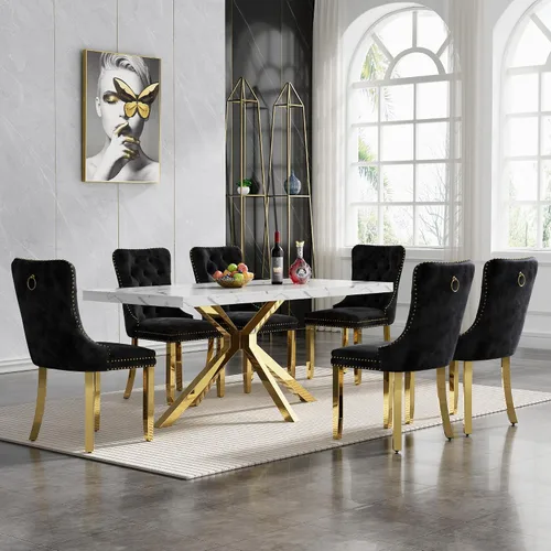 Vista 29 de HomVent - Juego de mesa de comedor de mármol sintético de 68 pulgadas con 4 sillas de terciopelo para cocina Modern Rectangular Faux Marble