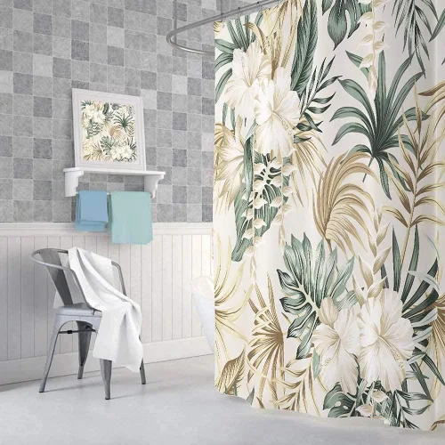 Vista 4 de DYNH Cortina de ducha para baño, diseño de plantas tropicales, plantas tropicales, caravanas, hojas de palmera verde salvia, beige, bonita