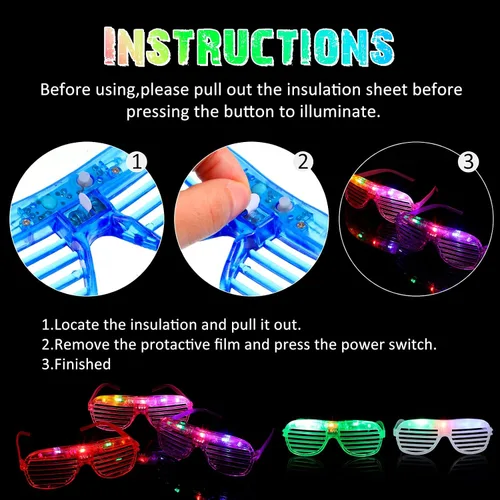 Vista 4 de 72 pares de lentes LED de 6 colores iluminados, persianas que brillan en la oscuridad, gafas de sol intermitentes de neón para adultos y niños que