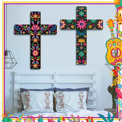 Vista 5 de Pinkunn 2 piezas de decoración de pared con cruz floral mexicana, arte de pared mexicano pintado a mano, decorativo, inspirador, cruz floral