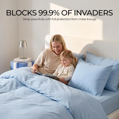 Vista 6 de FAUNNA Protectores de almohada 100 % algodón, a prueba de chinches, hipoalergénicos, con protección antimicrobiana para una mayor frescura Azul