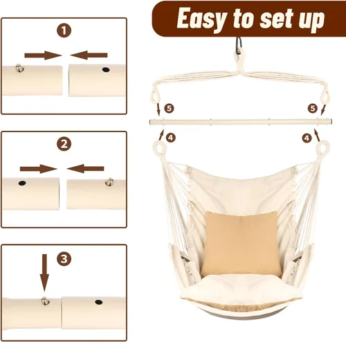 Vista 8 de Silla hamaca colgante con cuerda – Máximo 500 libras – 2 cojines y 1 almohada para el cuello incluida – Barra separadora de acero resistente