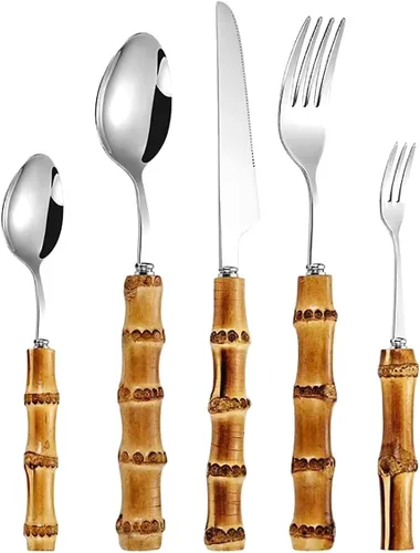 Vista 10 de Juego de cubiertos de bambú de 20 piezas para 4, juego de cubiertos de mango de bambú reutilizable, juego de utensilios de acero inoxidable, juego