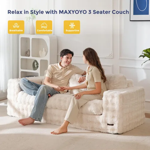 Vista 3 de MAXYOYO Sofá de 3 plazas para sala de estar, sofá sin hueso, cómodo puf con burbujas para apartamento, no necesita montaje, color beige