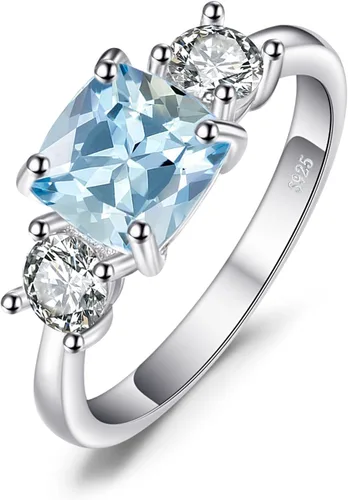 Vista 7 de JewelryPalace Anillos de 2.6ct con topacio azul genuino de corte cojín de 3 piedras para ella, anillo de promesa de 14K chapado en oro blanco 1-latón
