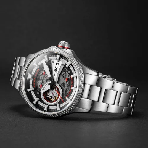 Vista 3 de AVI-8 Hawker Hunter Avon Automático Diablos Rojos Con Reloj De Pulsera De Acero Inoxidable Sólido Tono Plateado 1.732in - AV-4078-22