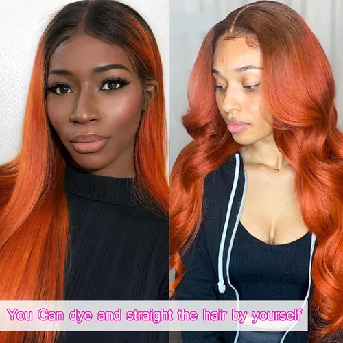 Vista 3 de YMS Pelucas de cabello humano con encaje frontal transparente color naranja degradado, pelucas de cabello humano negro y naranja, densidad del 180%