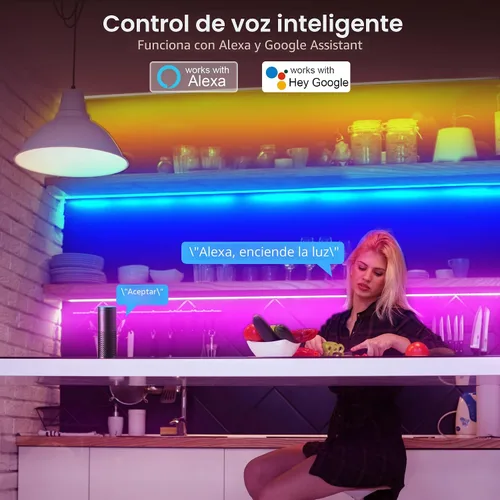 Vista 3 de maylit Kit de 10 luces RGB inteligentes para debajo del gabinete, compatible con Alexa y Google Assistant, aplicación y control remoto